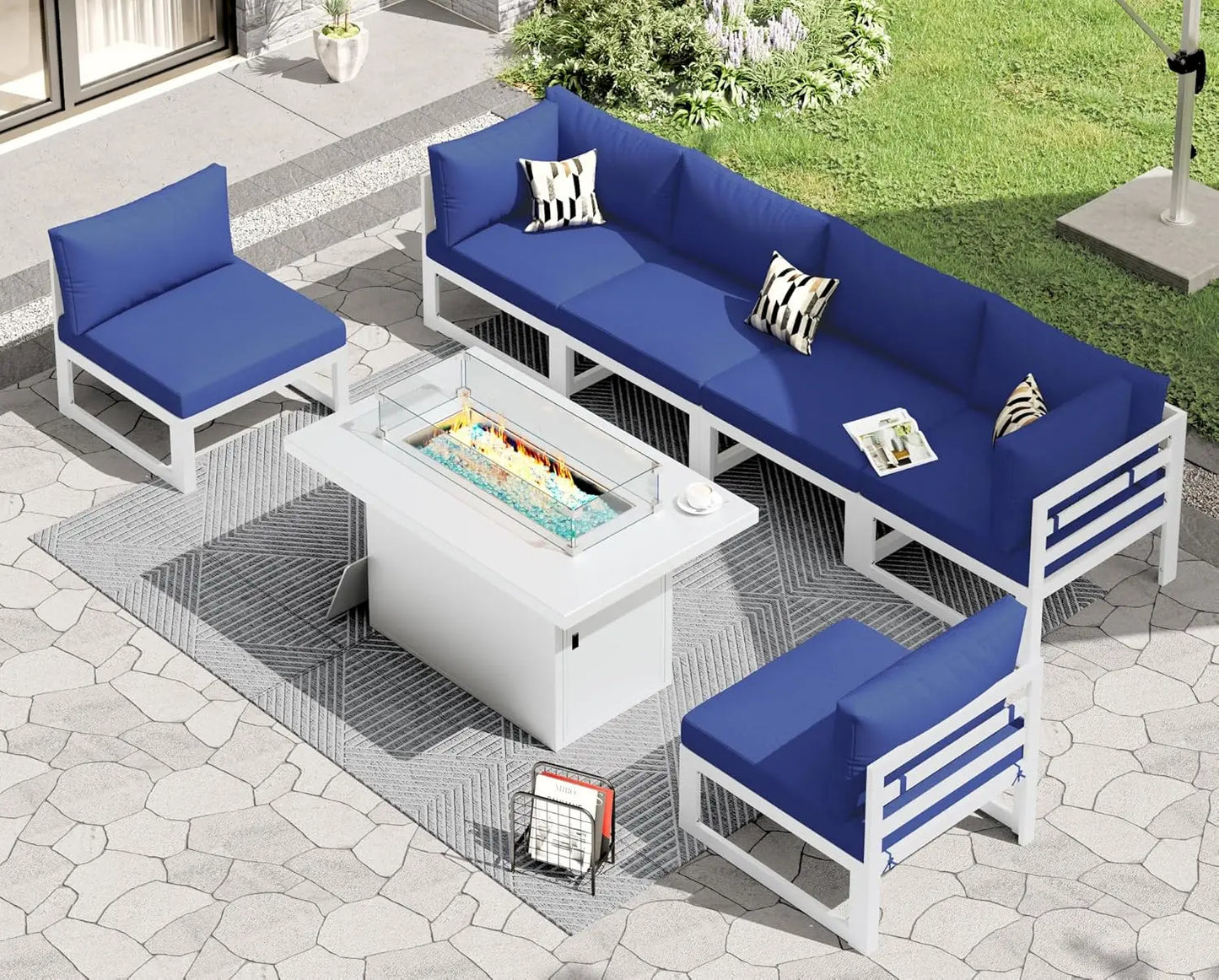 6 Person Large Modern Aluminum Outdoor Patio Furniture Set With Fireplace, 29" Wide Deep Seating, U Shaped Combo, Customized
