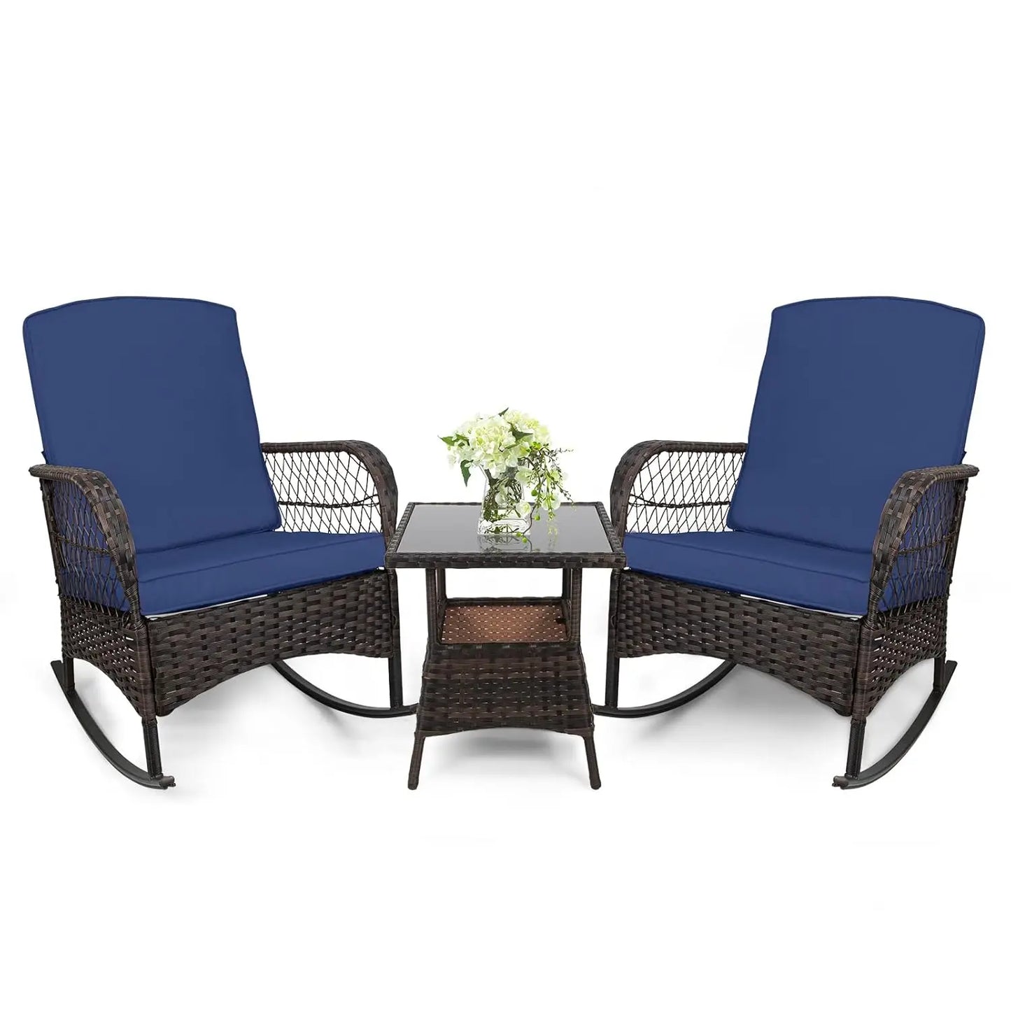 3 pcs Rocking Bistro Set Conversation Chairs PE Wicker Outdoor Rocking Chairs & Glass Table,for Porch Lawn Garden, Customized