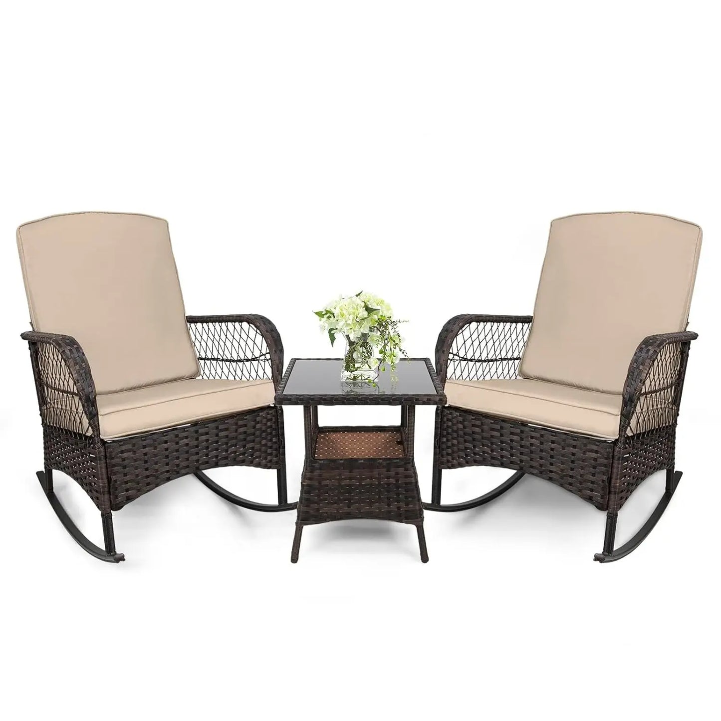 3 pcs Rocking Bistro Set Conversation Chairs PE Wicker Outdoor Rocking Chairs & Glass Table,for Porch Lawn Garden, Customized