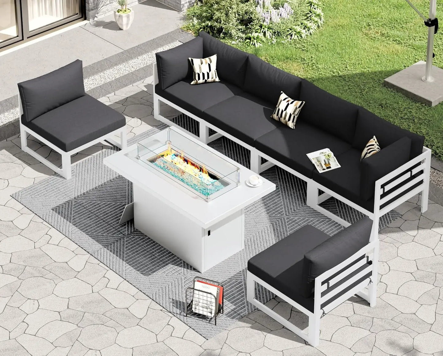 6 Person Large Modern Aluminum Outdoor Patio Furniture Set With Fireplace, 29" Wide Deep Seating, U Shaped Combo, Customized