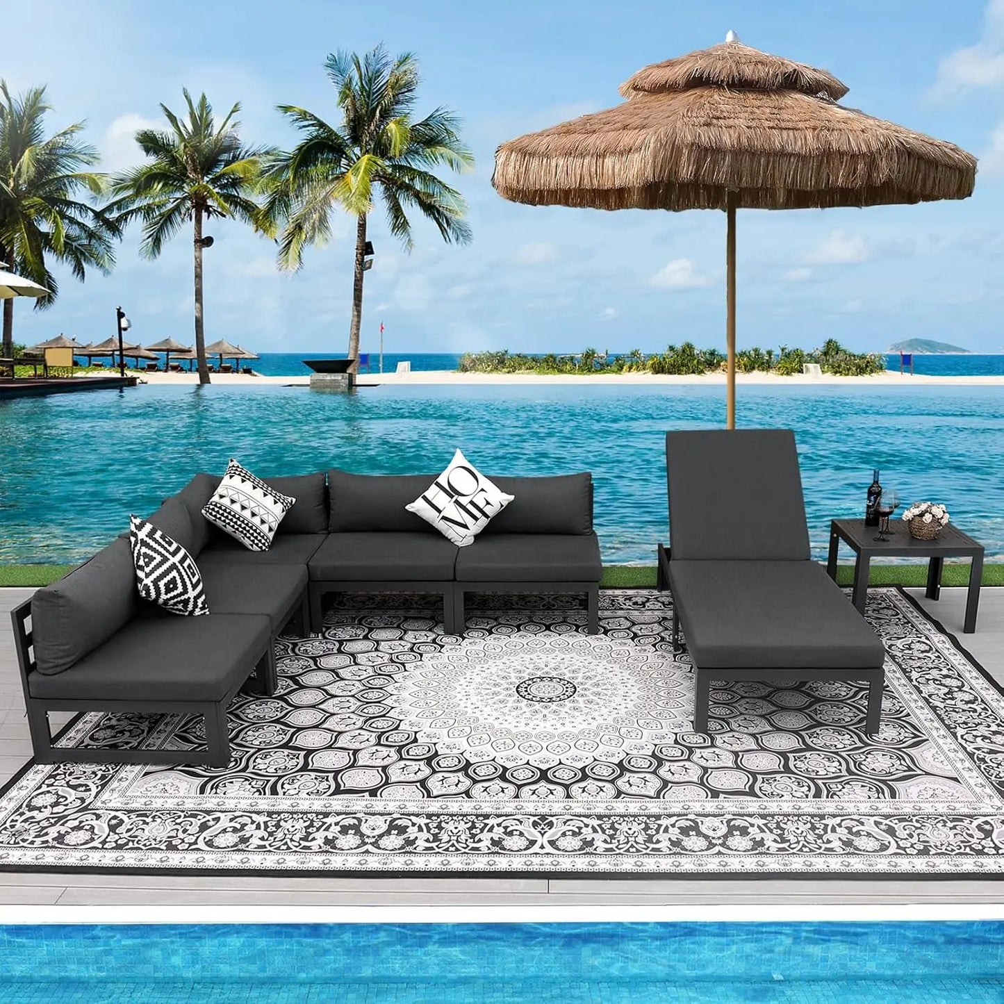 6 Person Large Modern Aluminum Outdoor Patio Furniture Set With Fireplace, 29" Wide Deep Seating, U Shaped Combo, Customized