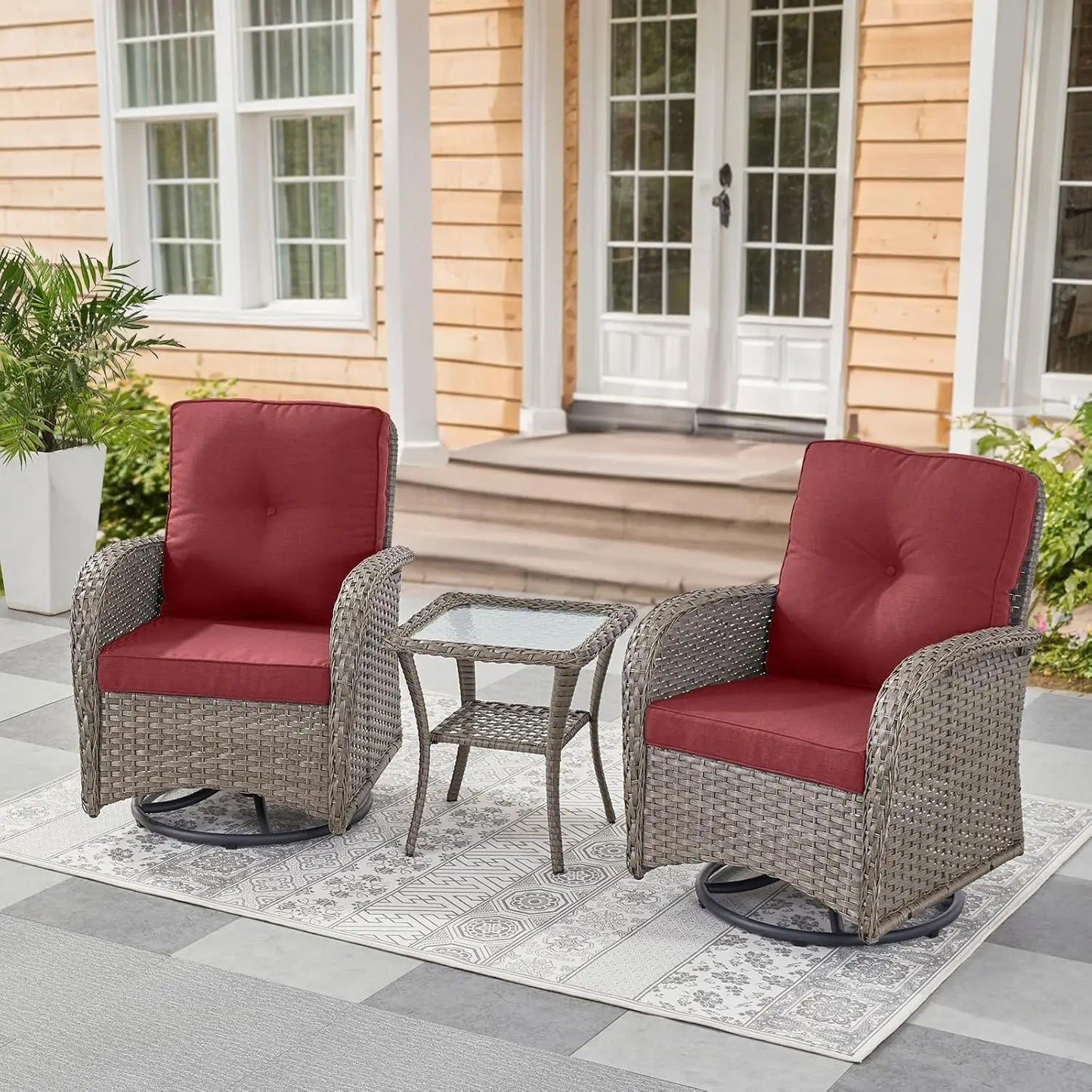 3 Pieces Black Wicker Patio Furniture Outdoor Swivel Rocker Patio Glider Chairs Set of 2 with Side Table Beige, Customized