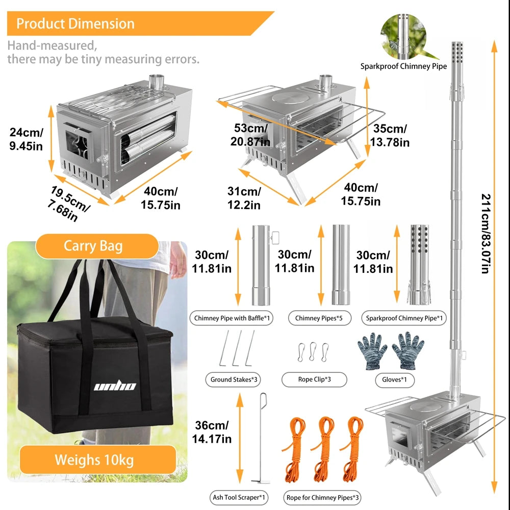 Portable Camping Wood Burning Stove Stainless Steel Tent Stove with 7 Chimney Pipes for Outdoor Camping, Heating