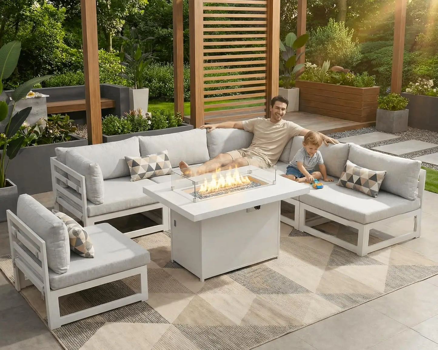 6 Person Large Modern Aluminum Outdoor Patio Furniture Set With Fireplace, 29" Wide Deep Seating, U Shaped Combo, Customized