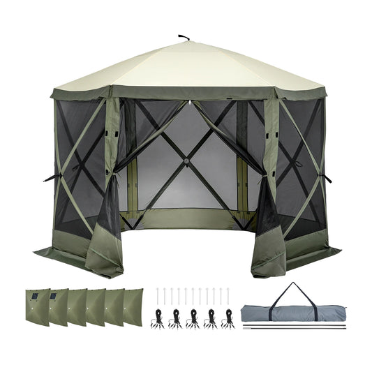 SucceBuy Pop Up Gazebo Tent Pop-Up Screen Tent 6 Sided Canopy Sun Shelter with 6 Removable Privacy Wind Cloths & Mesh Windows