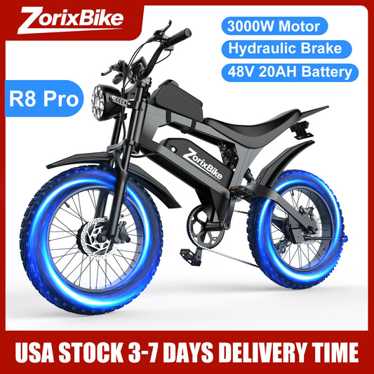 ZorixBike R8 Pro Electric Off-Road Bike 20x4.0 3000W 35Mph 80Mile 48V 20Ah,7 Speed Wide Tire All Terrain E-Bike For Adult