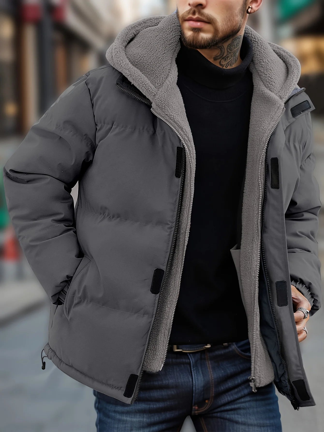 Winter Windproof Men's Jacket Casual Fake Two Hooded Bread Coat Detachable Hood Zipper Front Long Sleeves Pockets Overcoat
