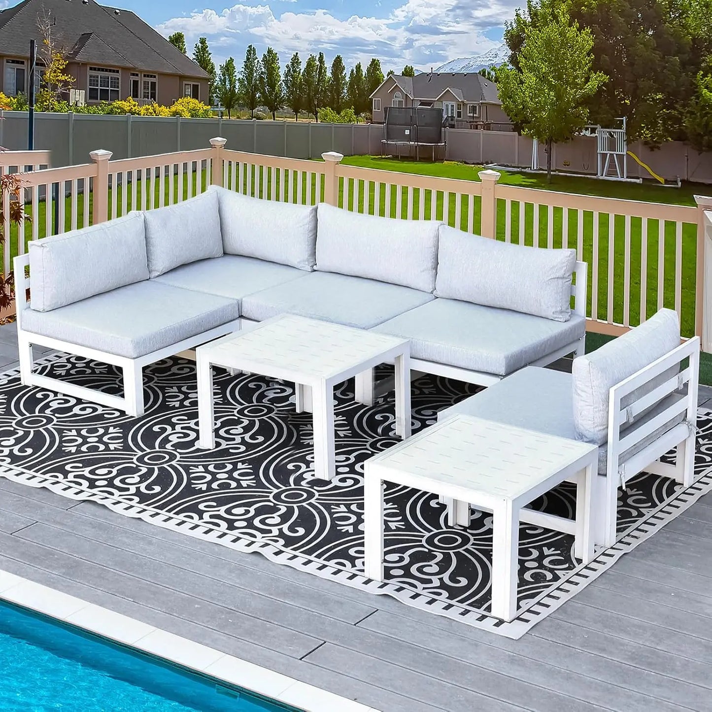 6 Person Large Modern Aluminum Outdoor Patio Furniture Set With Fireplace, 29" Wide Deep Seating, U Shaped Combo, Customized