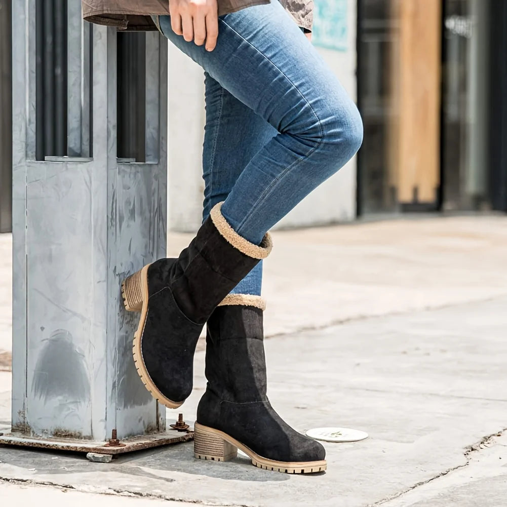 Winter Faux Fur Snow Boots For Women Platform Block Chunky Heels Pull On Comfortable Outdoor Suede Warm Boots