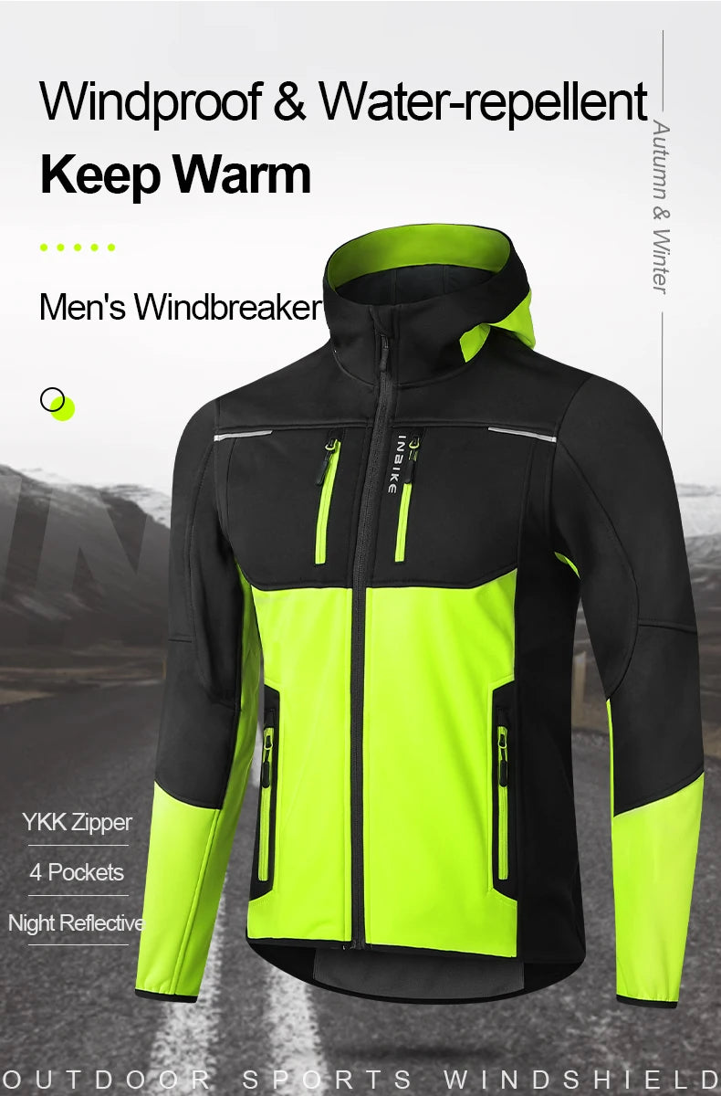 INBIKE Men's Winter Cycling Jacket With Hood Warm Fleece Windbreaker Coat For Men Windproof Outdoor Man Cycling Clothing Hiking