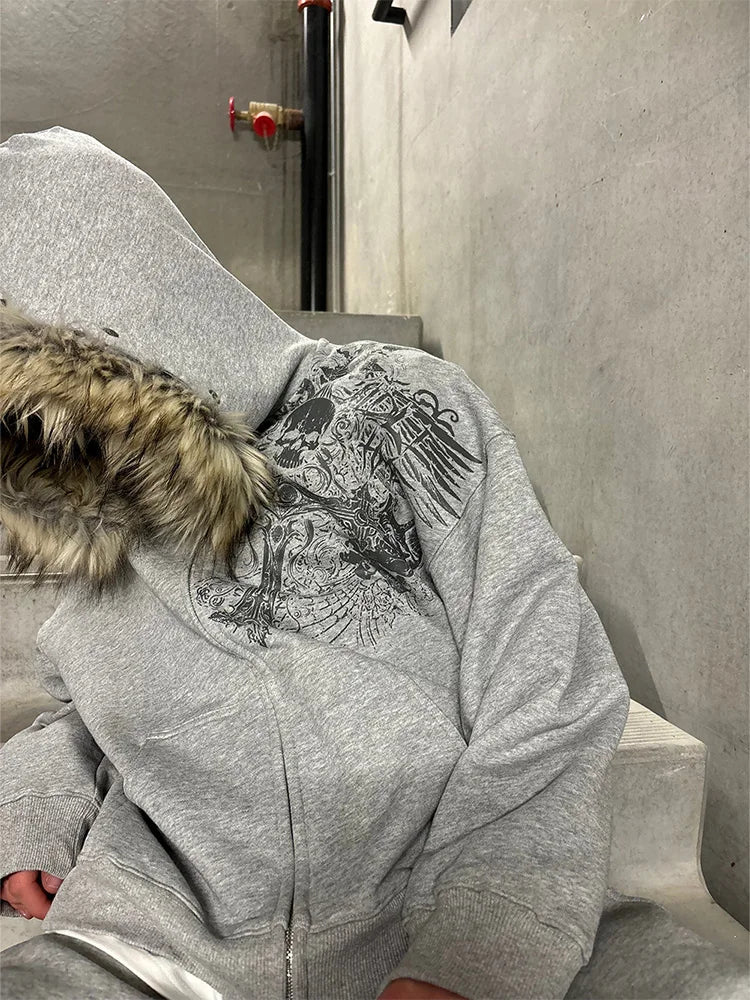Autumn/Winter Y2k Women Aesthetic Harajuku Faux Fur Collar Hoodies Clothes Graphic Hip Hop Punk Gothic Zip Up Hoodies 2025 new