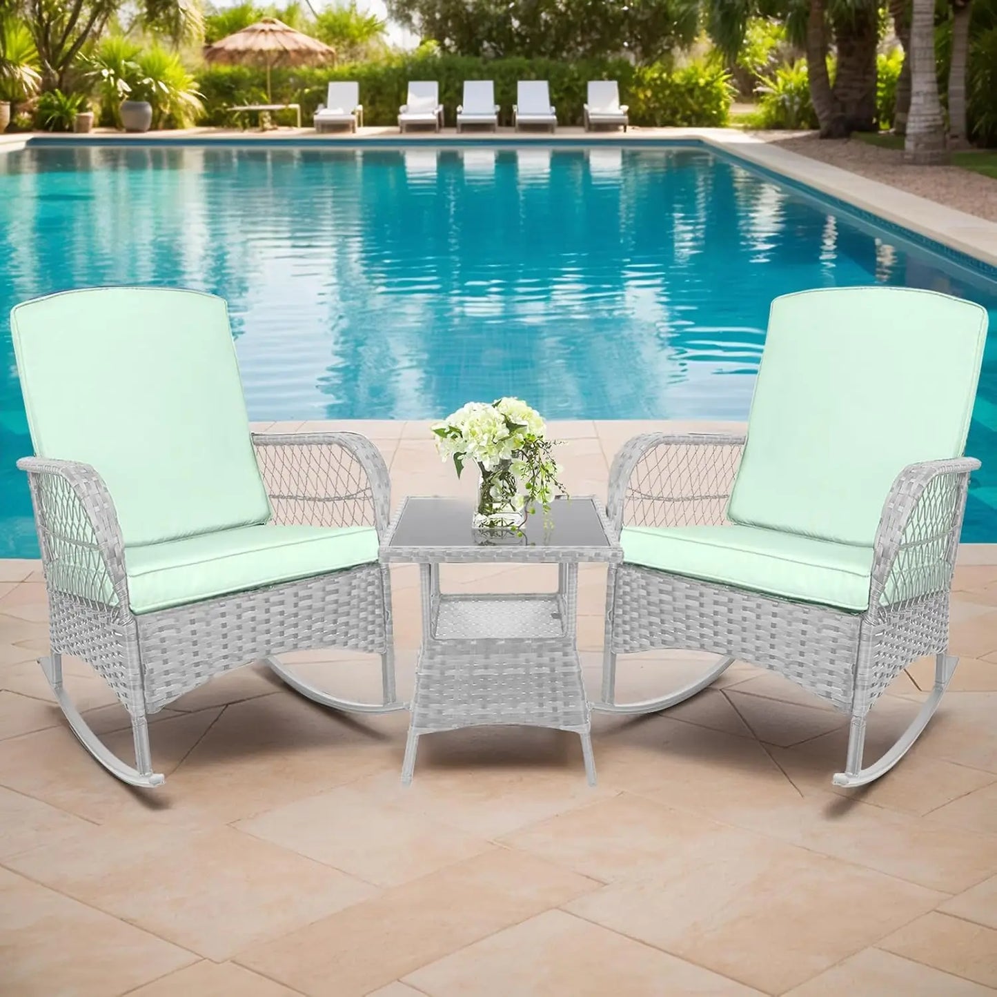 3 pcs Rocking Bistro Set Conversation Chairs PE Wicker Outdoor Rocking Chairs & Glass Table,for Porch Lawn Garden, Customized