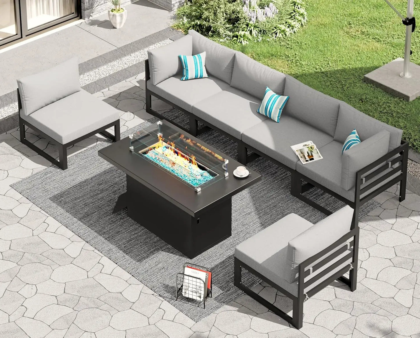 6 Person Large Modern Aluminum Outdoor Patio Furniture Set With Fireplace, 29" Wide Deep Seating, U Shaped Combo, Customized