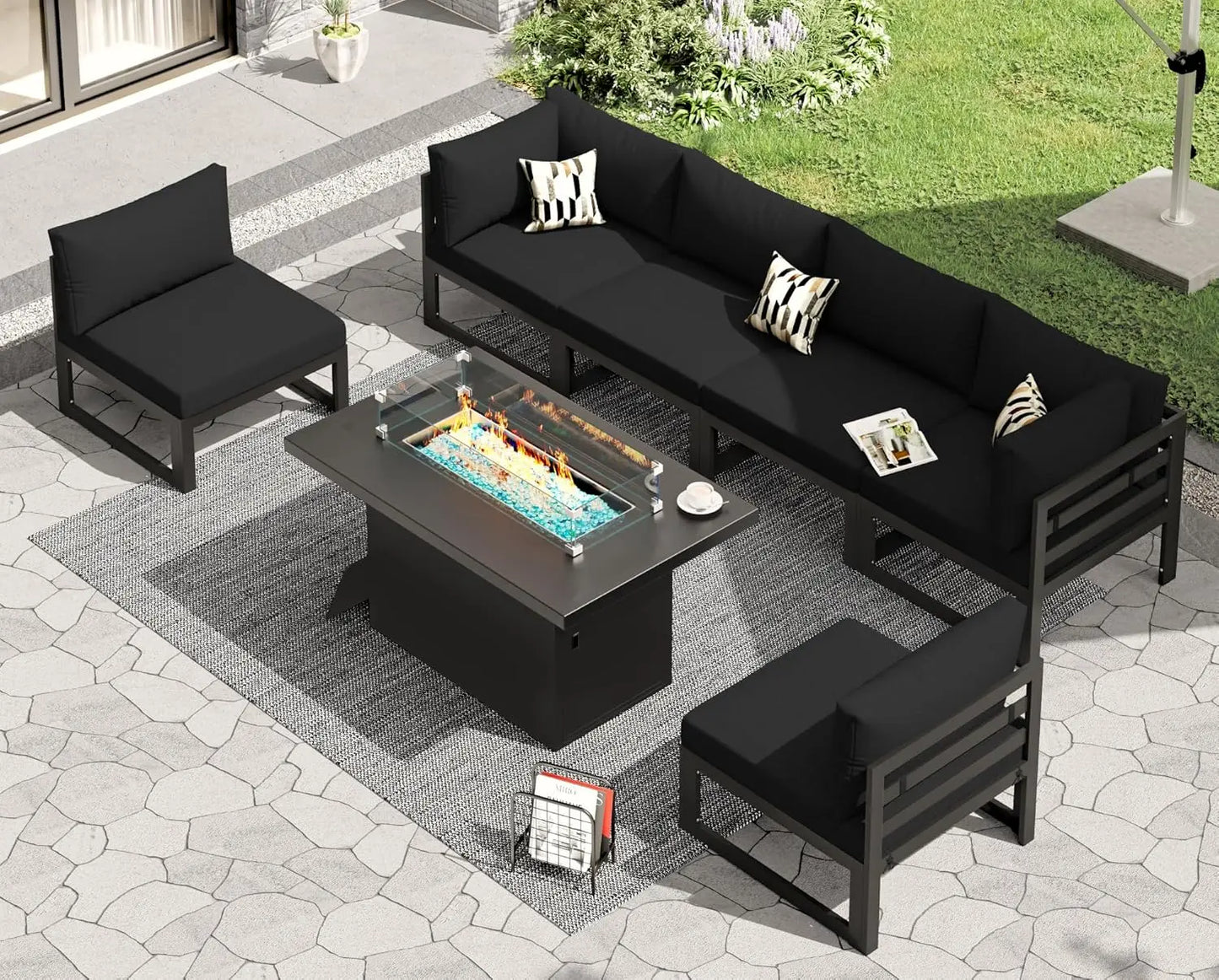 6 Person Large Modern Aluminum Outdoor Patio Furniture Set With Fireplace, 29" Wide Deep Seating, U Shaped Combo, Customized