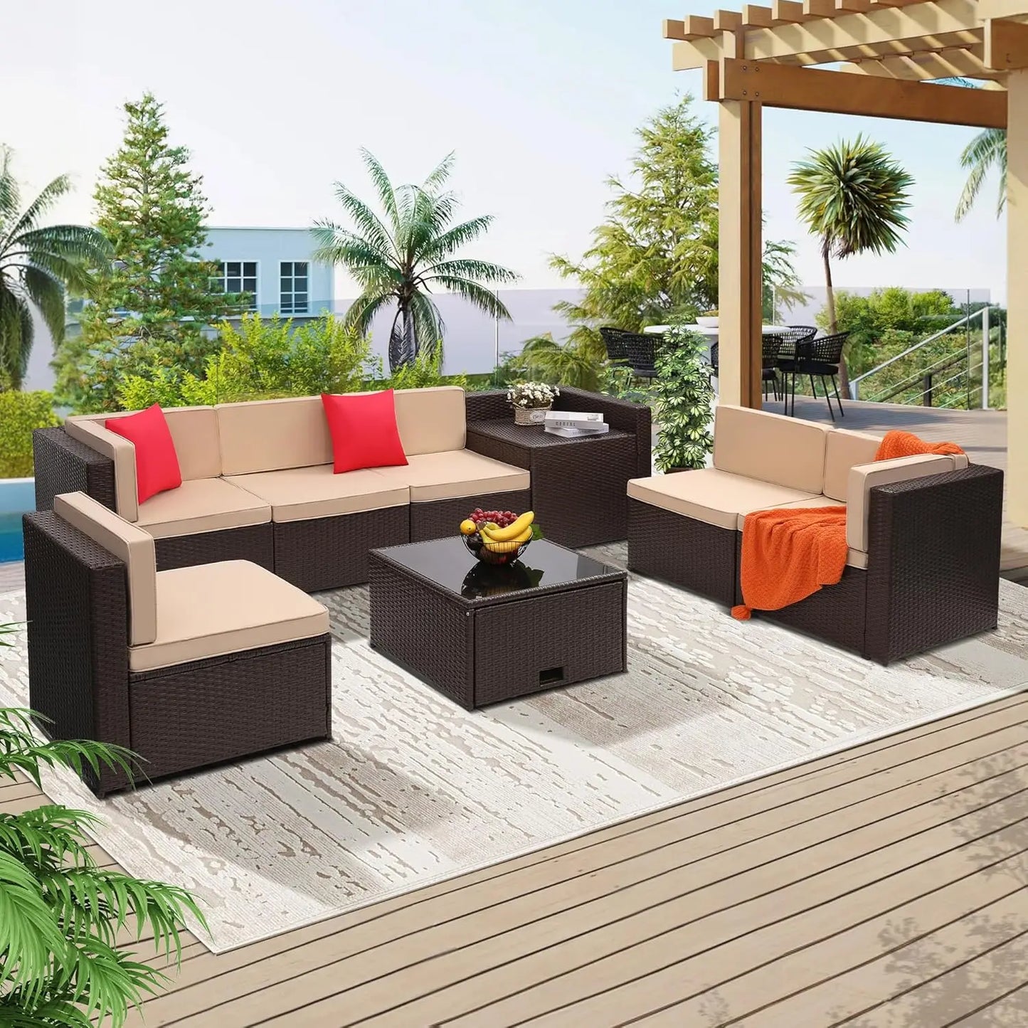 8 Pieces Outdoor Wicker Rattan Patio Furniture Sectional Set, Glass Top Table With Hidden Storage, 7 Sofa Sections,, Customized