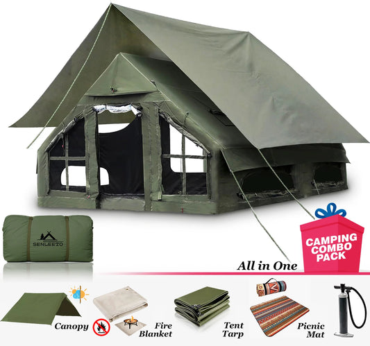 129 SqFt² Army Green Inflatable Camping Tent with Canopy,4 Season Air Tent with Tent Tarp & Moisture Proof Pad & Fire Blanket