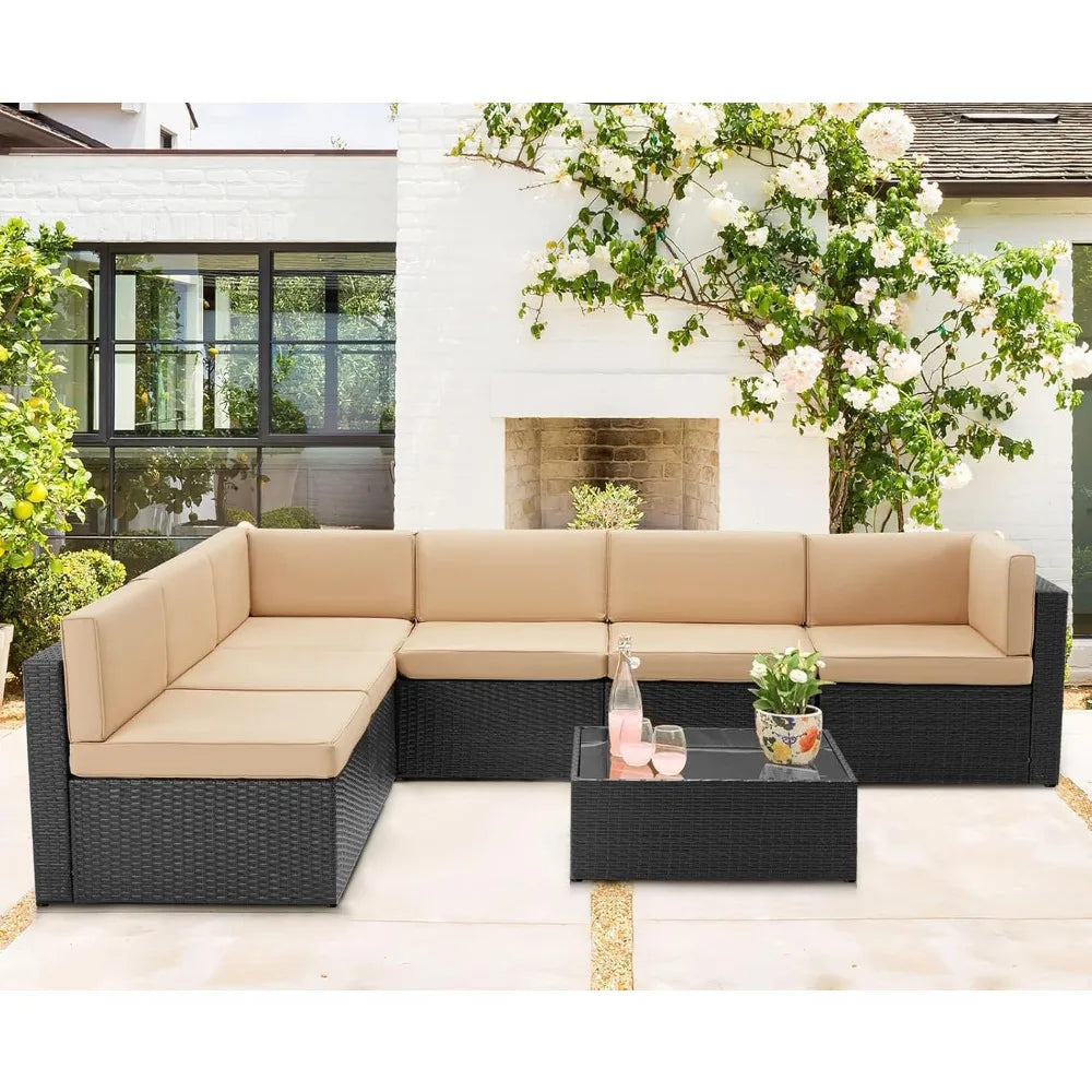 7 Piece Outdoor Patio Furniture Set, PE Rattan Outdoor Grey Wicker Furniture, Outdoor Sectional Furniture Chair Set with Cushion