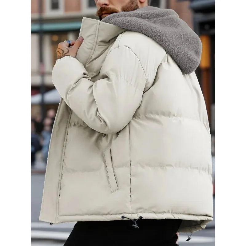 Winter Windproof Men's Jacket Casual Fake Two Hooded Bread Coat Detachable Hood Zipper Front Long Sleeves Pockets Overcoat