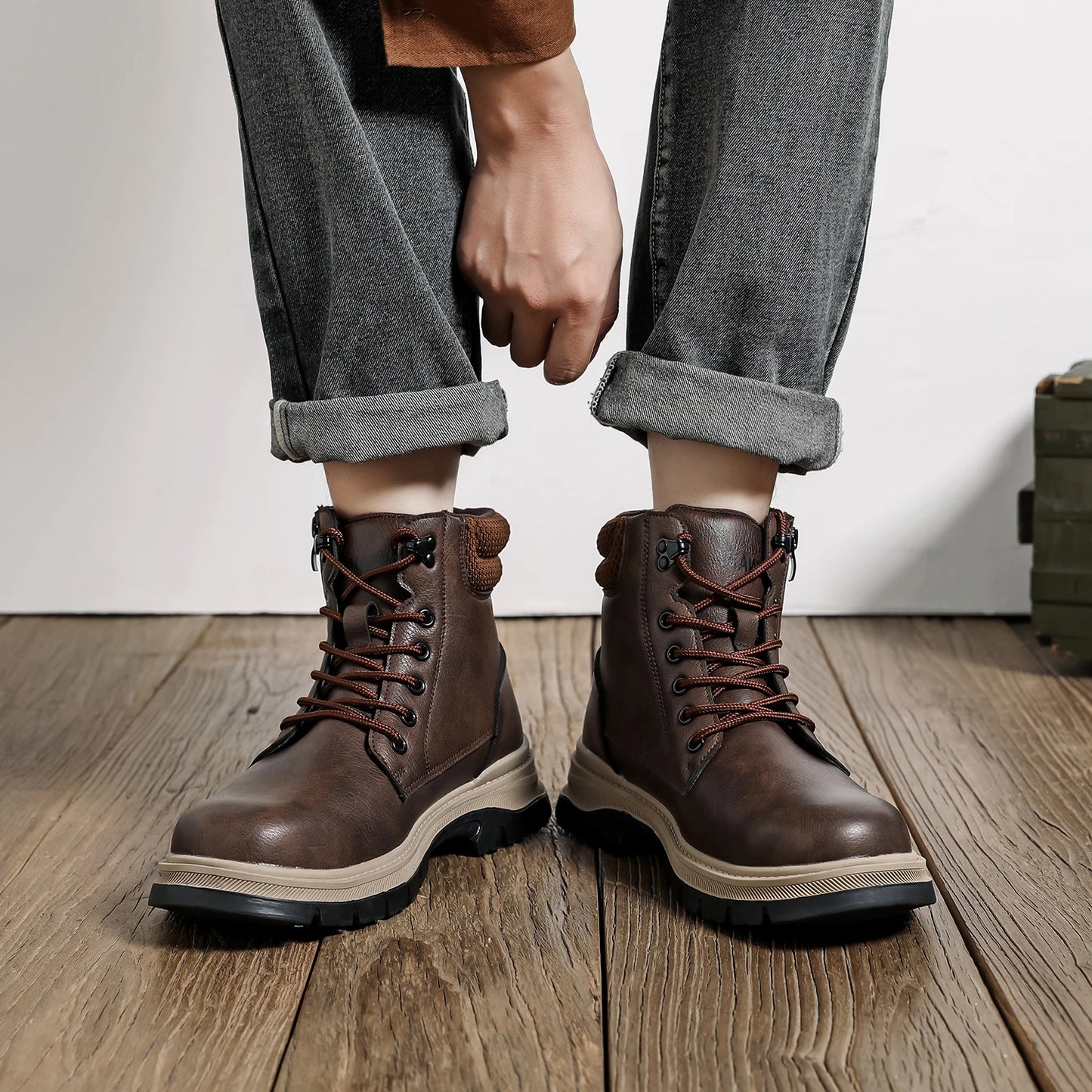 Brown Leather waterproof Work Shoes Steel Toe Men Work Safety Shoes Zipper's Construction Shoes Outdoor Work Footwear