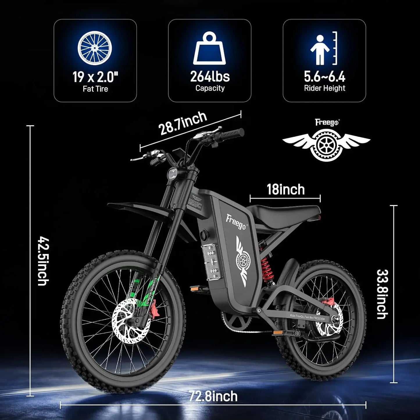 Freego X2 Pro Electric Dirt Bike 6000W Motor 60V/30Ah Battery Ebike 7 Speed Electric Motorcycle 50MPH Electric Bike UL Certified