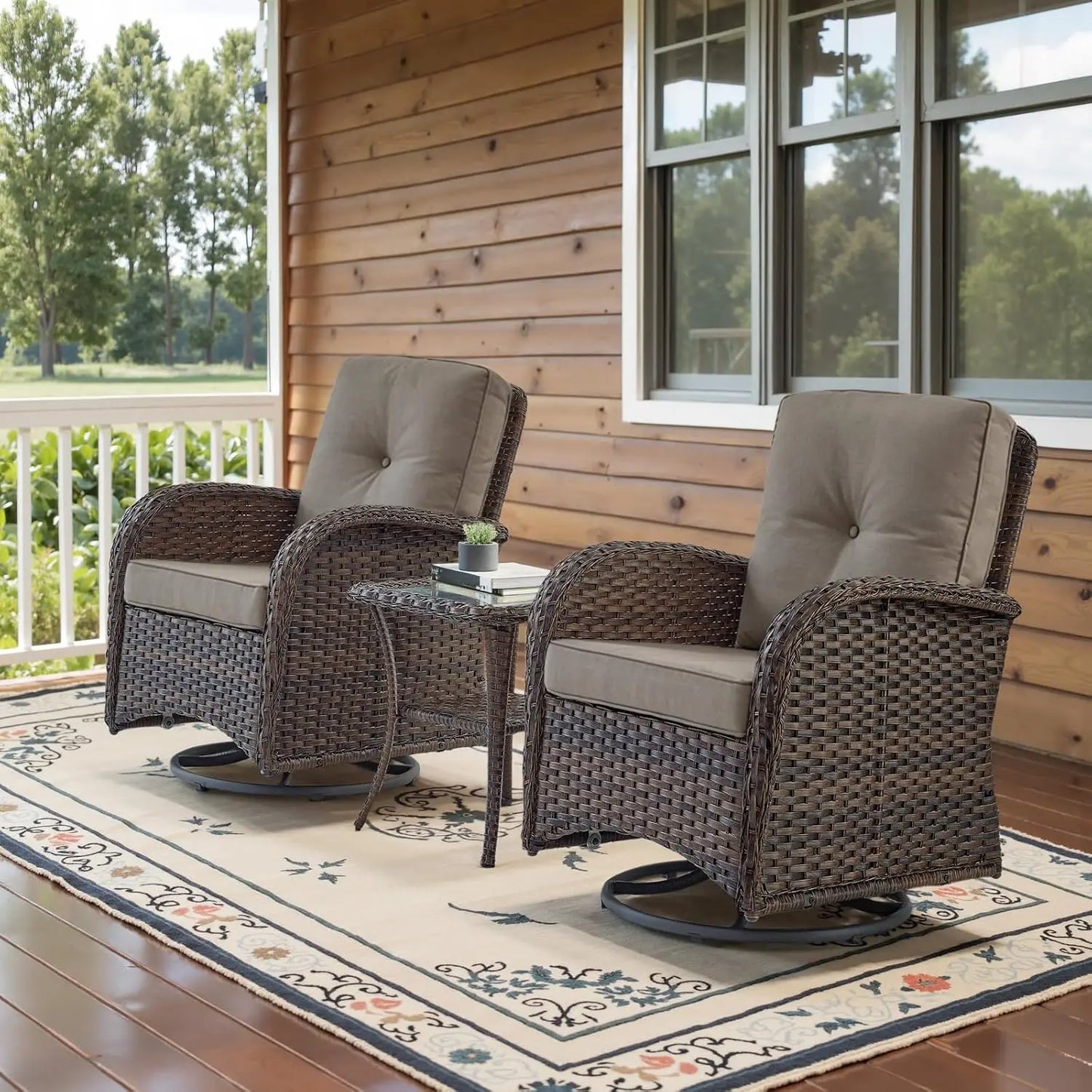 3 Pieces Black Wicker Patio Furniture Outdoor Swivel Rocker Patio Glider Chairs Set of 2 with Side Table Beige, Customized