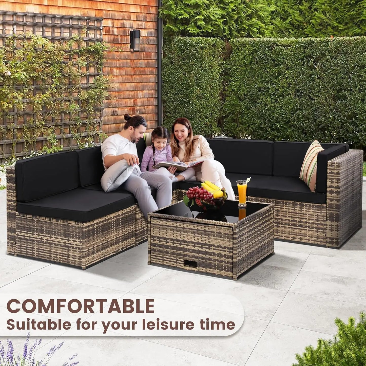 8 Pieces Outdoor Wicker Rattan Patio Furniture Sectional Set, Glass Top Table With Hidden Storage, 7 Sofa Sections,, Customized