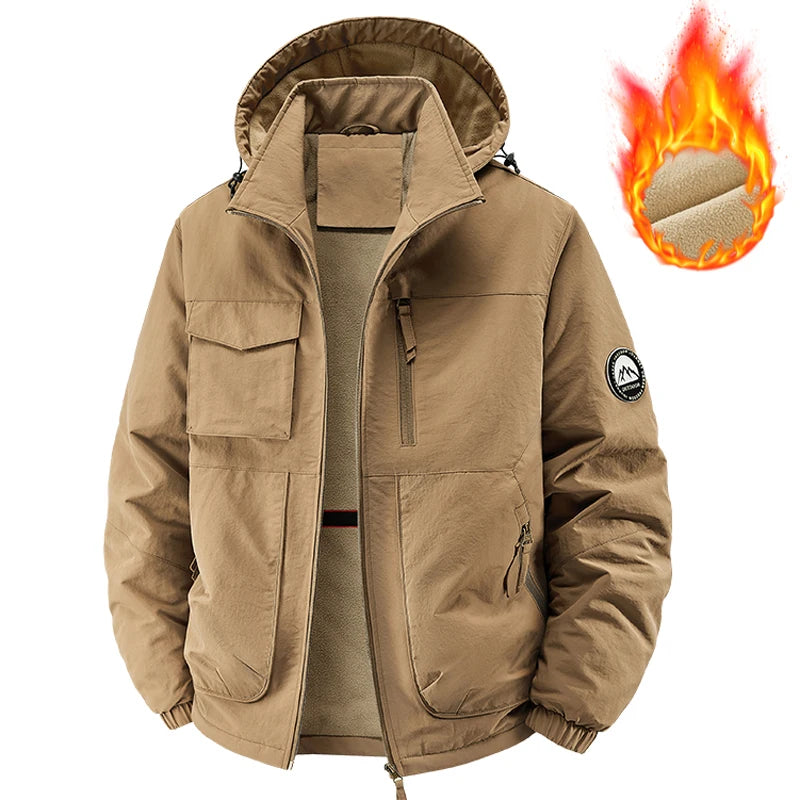 Men's Fleece Warm multi-pocket Cargo Coats Men Thick Waterproof Jacket Winter Men Thermal Windbreaker Hooded Overcoats Clothing