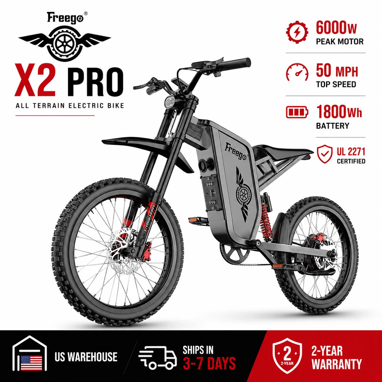 Freego X2 Pro Electric Dirt Bike for Adults 6000W Motors 60V 30AH Lithium Battery 7 Speed 50MPH Off Road Ebike +2 Year Warranty