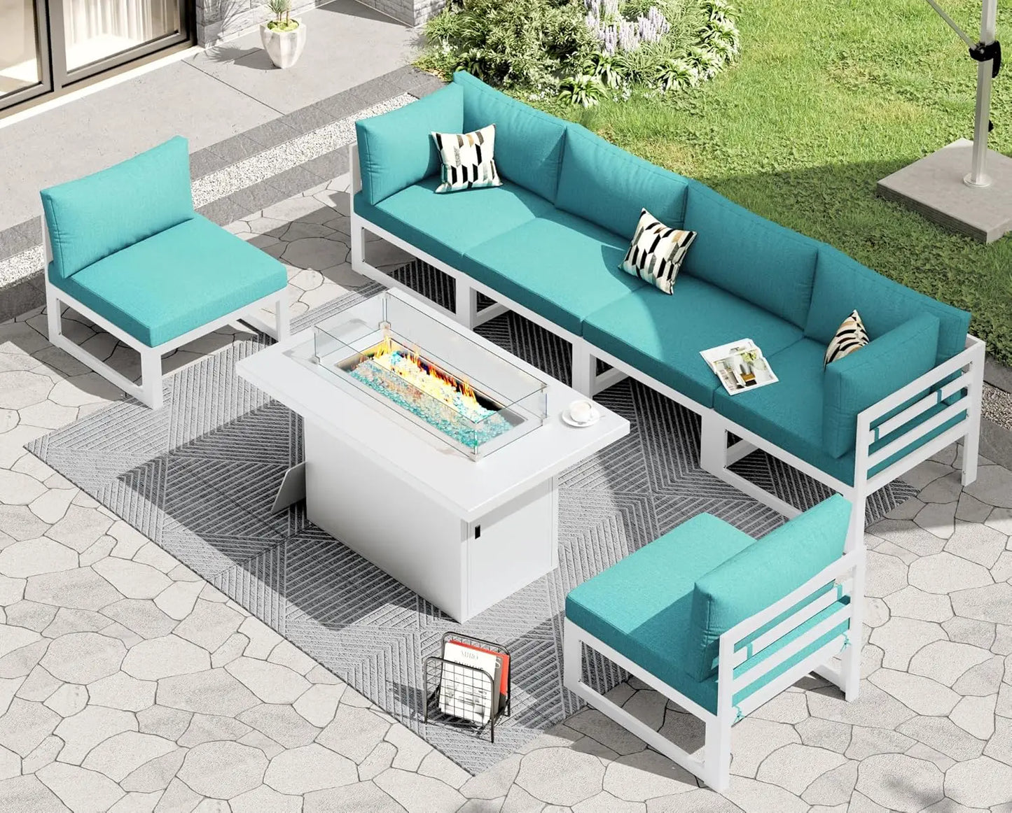 6 Person Large Modern Aluminum Outdoor Patio Furniture Set With Fireplace, 29" Wide Deep Seating, U Shaped Combo, Customized