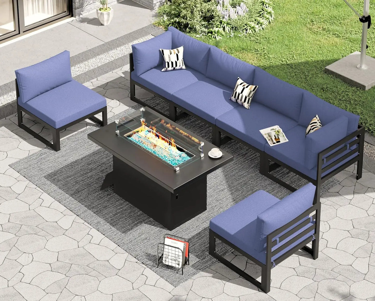 6 Person Large Modern Aluminum Outdoor Patio Furniture Set With Fireplace, 29" Wide Deep Seating, U Shaped Combo, Customized