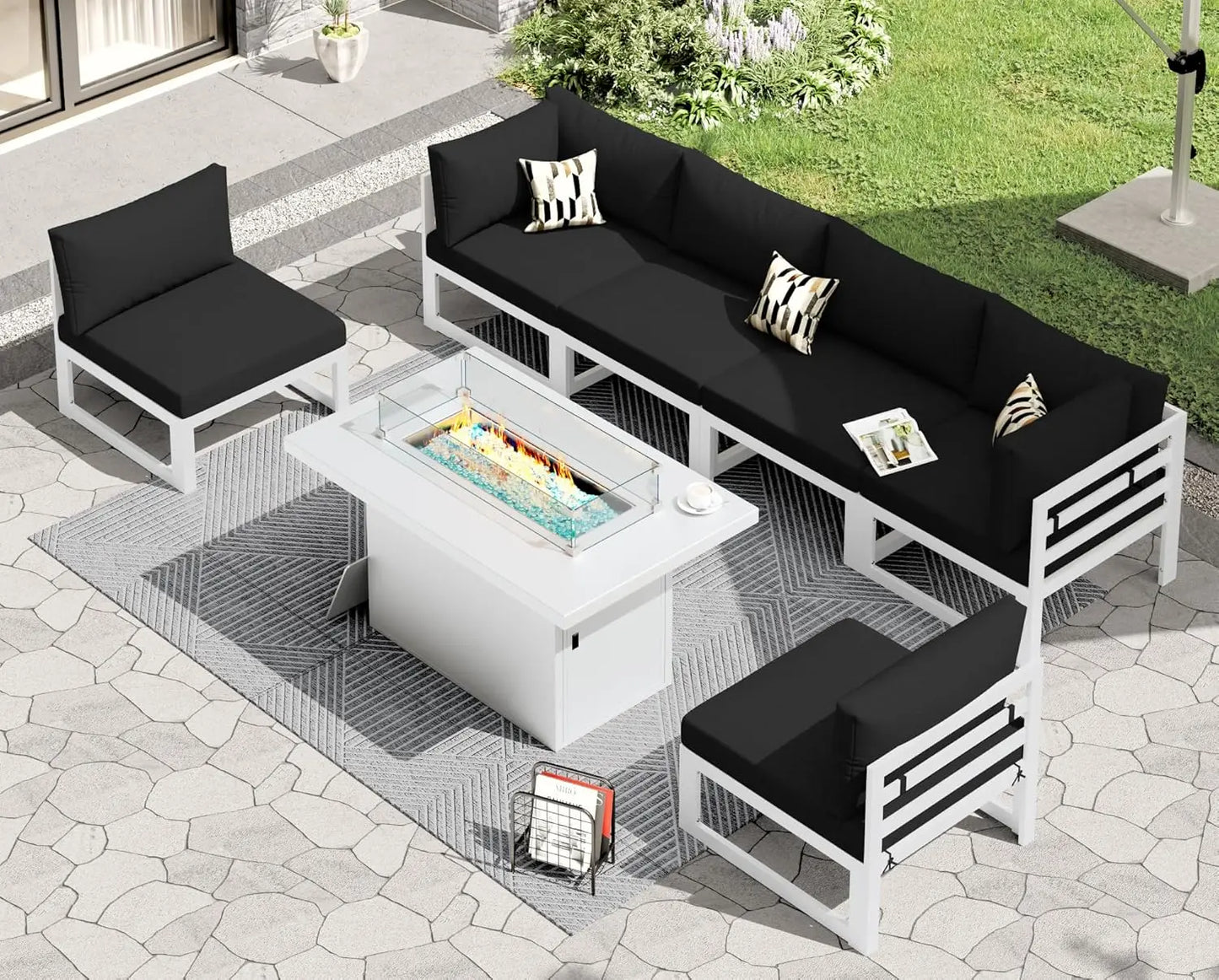 6 Person Large Modern Aluminum Outdoor Patio Furniture Set With Fireplace, 29" Wide Deep Seating, U Shaped Combo, Customized
