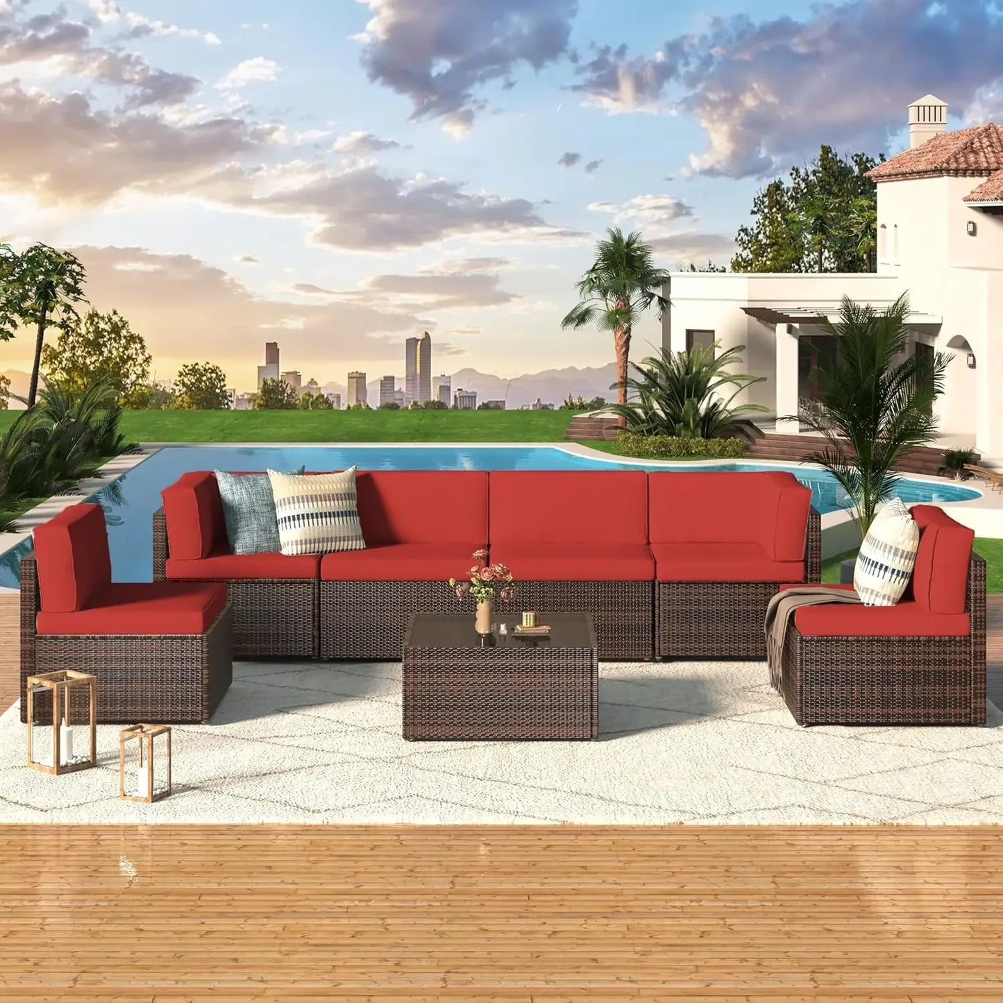 7 Piece Outdoor Patio Furniture Set, PE Rattan Outdoor Grey Wicker Furniture, Outdoor Sectional Furniture Chair Set with Cushion