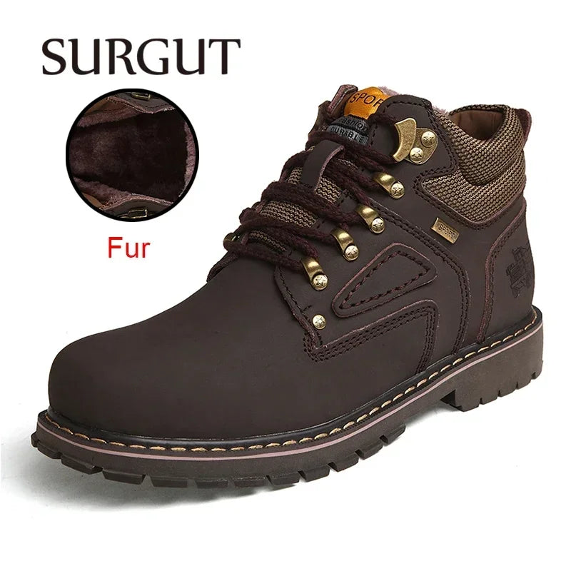 SURGUT Brand Super Warm Men's Winter Leather Men Waterproof Rubber Snow Boots Leisure Boots England Retro Shoes For Men Big Size