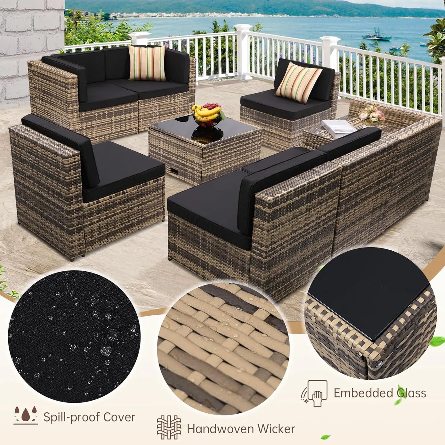 8 Pieces Outdoor Wicker Rattan Patio Furniture Sectional Set, Glass Top Table With Hidden Storage, 7 Sofa Sections,, Customized