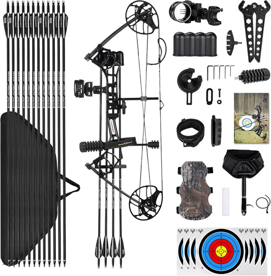 P2 Compound Bow Package Fully Adjustable for Youth & Kids 22.5 " 30 " Draw Length 10 50 Lbs Draw Weight Hunting Bow Archery Set