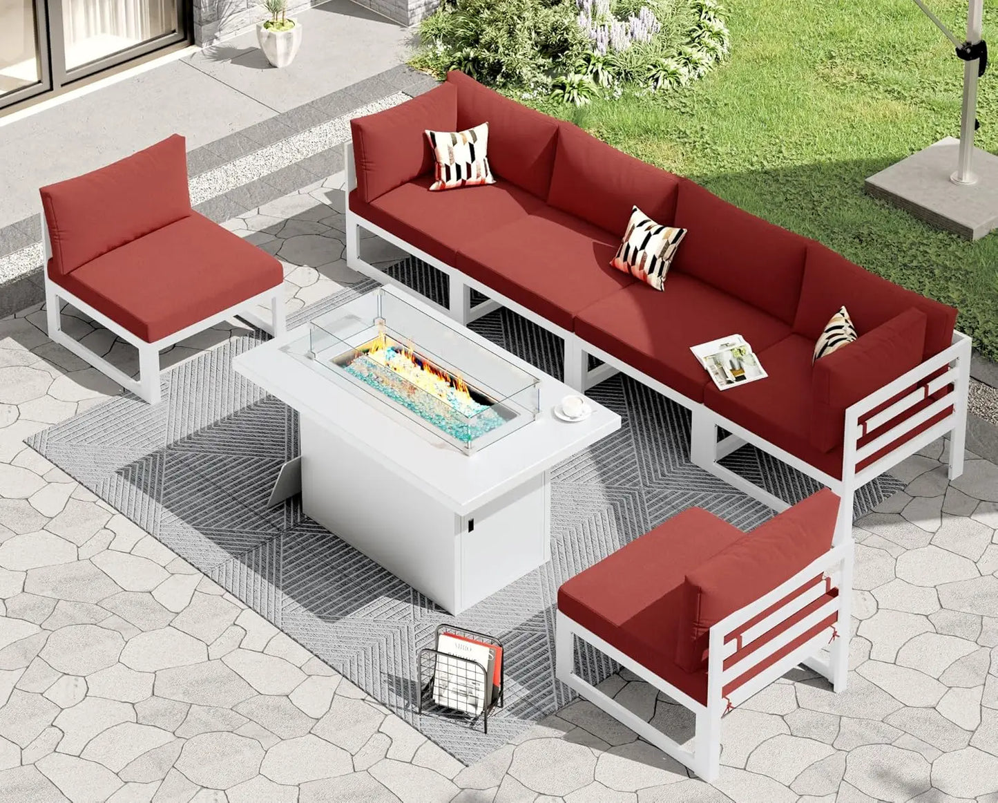 6 Person Large Modern Aluminum Outdoor Patio Furniture Set With Fireplace, 29" Wide Deep Seating, U Shaped Combo, Customized
