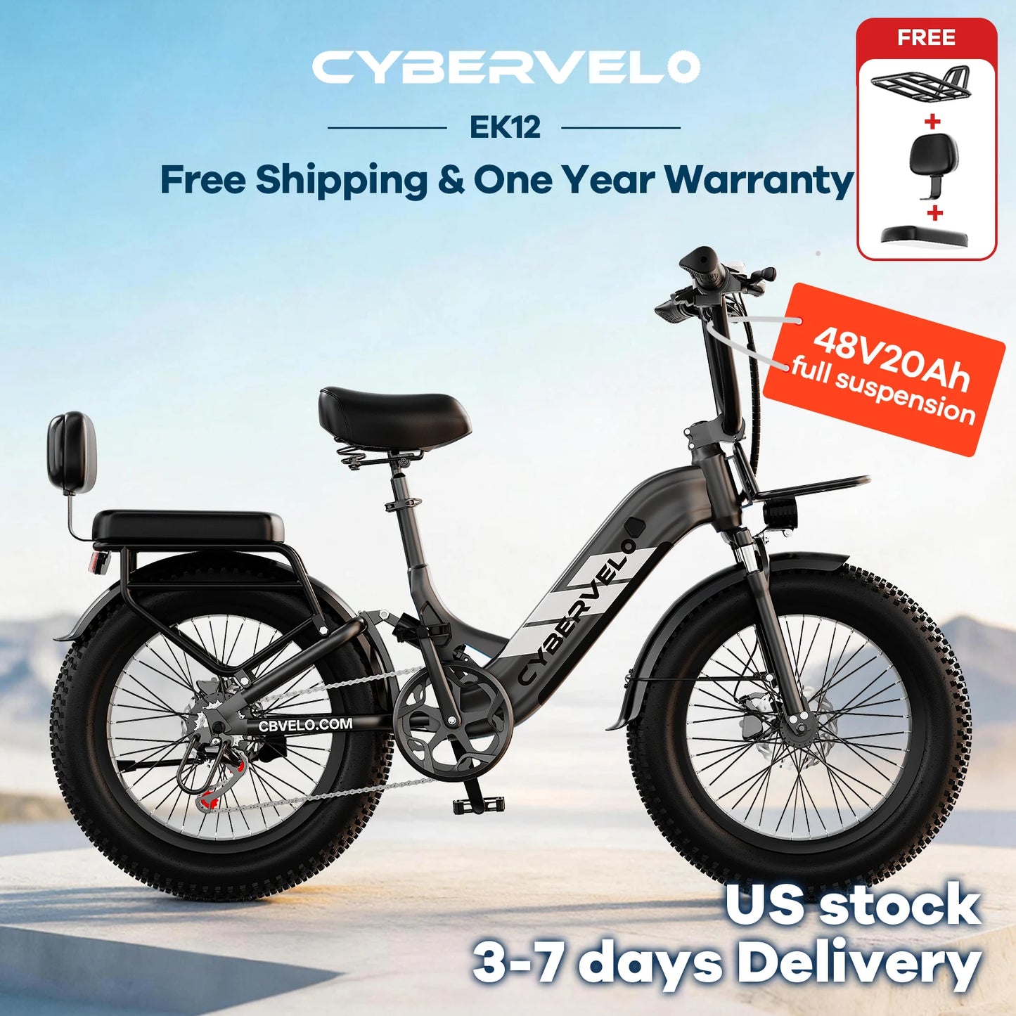 1000W Electric Bicycle for Adults, Cybervelo EK12 Step-Thru 20" Fat Tire E-bike 48V 20AH Removable Battery Shimano 7-Speed