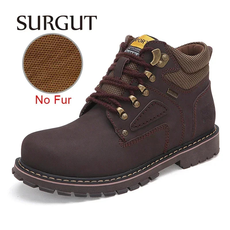 SURGUT Brand Super Warm Men's Winter Leather Men Waterproof Rubber Snow Boots Leisure Boots England Retro Shoes For Men Big Size