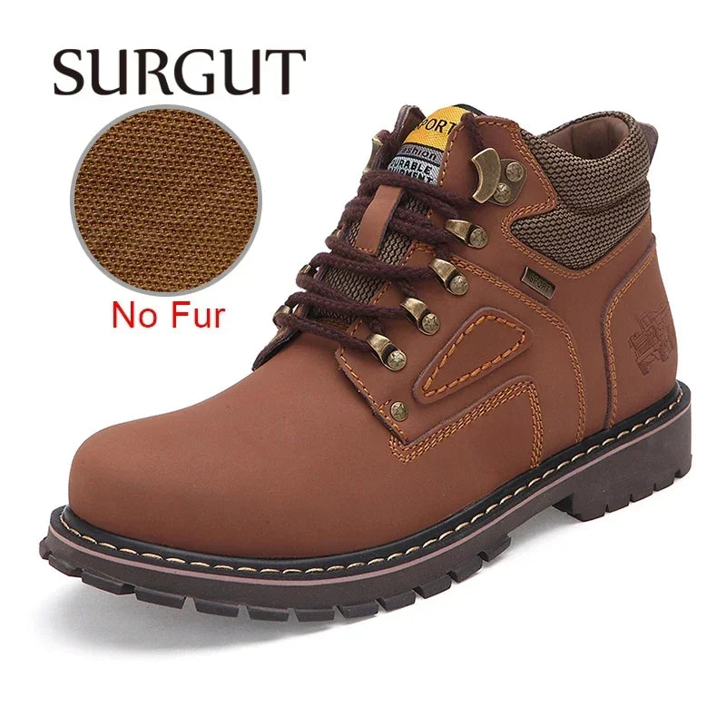 SURGUT Brand Super Warm Men's Winter Leather Men Waterproof Rubber Snow Boots Leisure Boots England Retro Shoes For Men Big Size