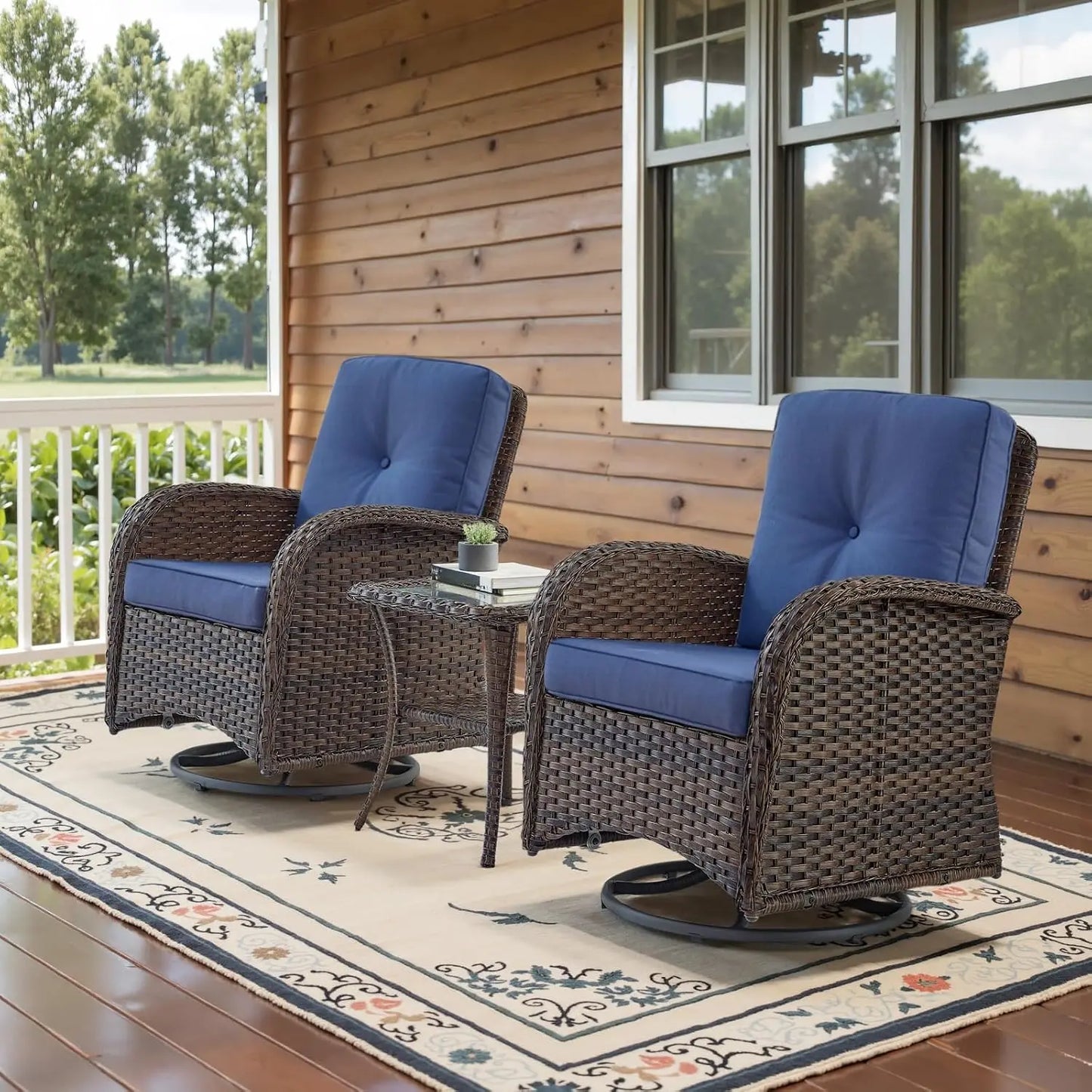 3 Pieces Black Wicker Patio Furniture Outdoor Swivel Rocker Patio Glider Chairs Set of 2 with Side Table Beige, Customized
