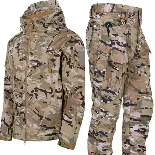 Tactical Waterproof Men Camo Set Soft Shell Fleece Winter Combat Suit Windbreak Warm Multi Pocket Outdoors Training Uniform