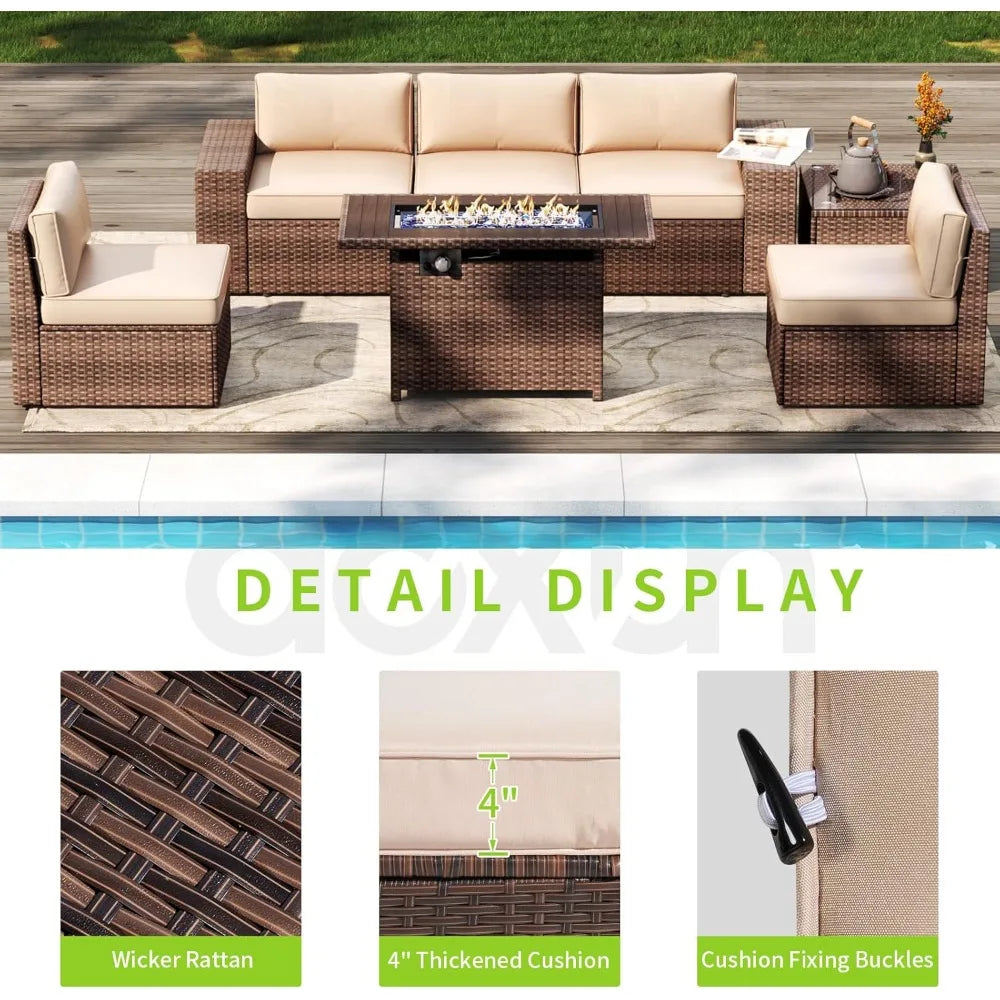 7 Piece Patio Furniture Set with 44 Inch Fire Pit Table Outdoor Wicker Parlor Set with Thick Cushions