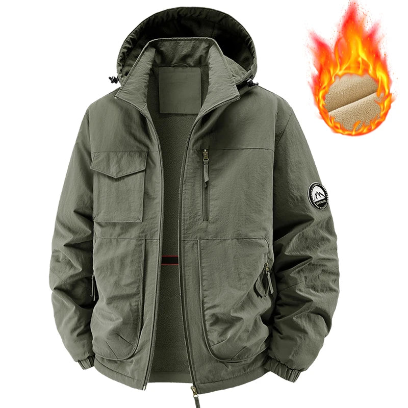 Men's Fleece Warm multi-pocket Cargo Coats Men Thick Waterproof Jacket Winter Men Thermal Windbreaker Hooded Overcoats Clothing