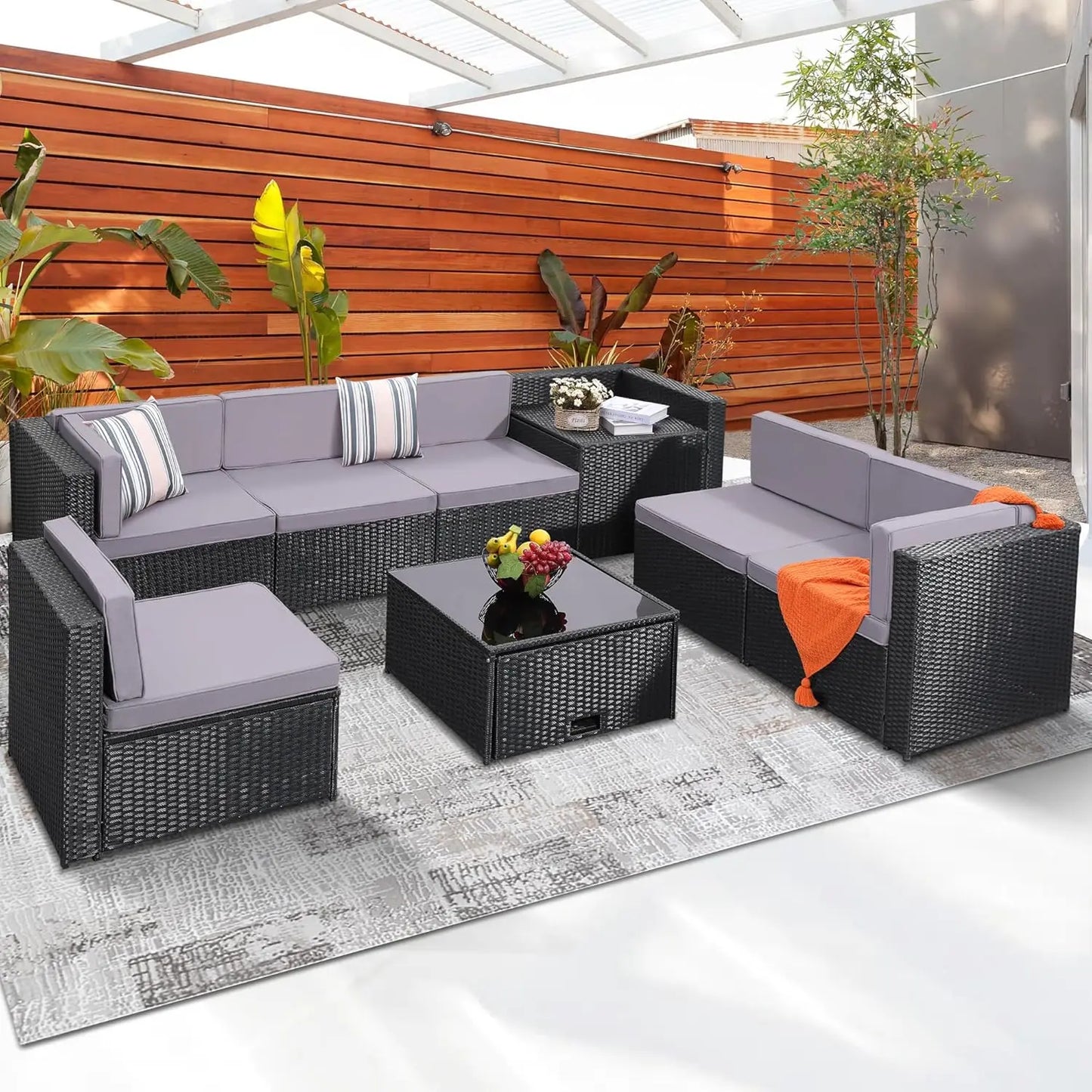 8 Pieces Outdoor Wicker Rattan Patio Furniture Sectional Set, Glass Top Table With Hidden Storage, 7 Sofa Sections,, Customized