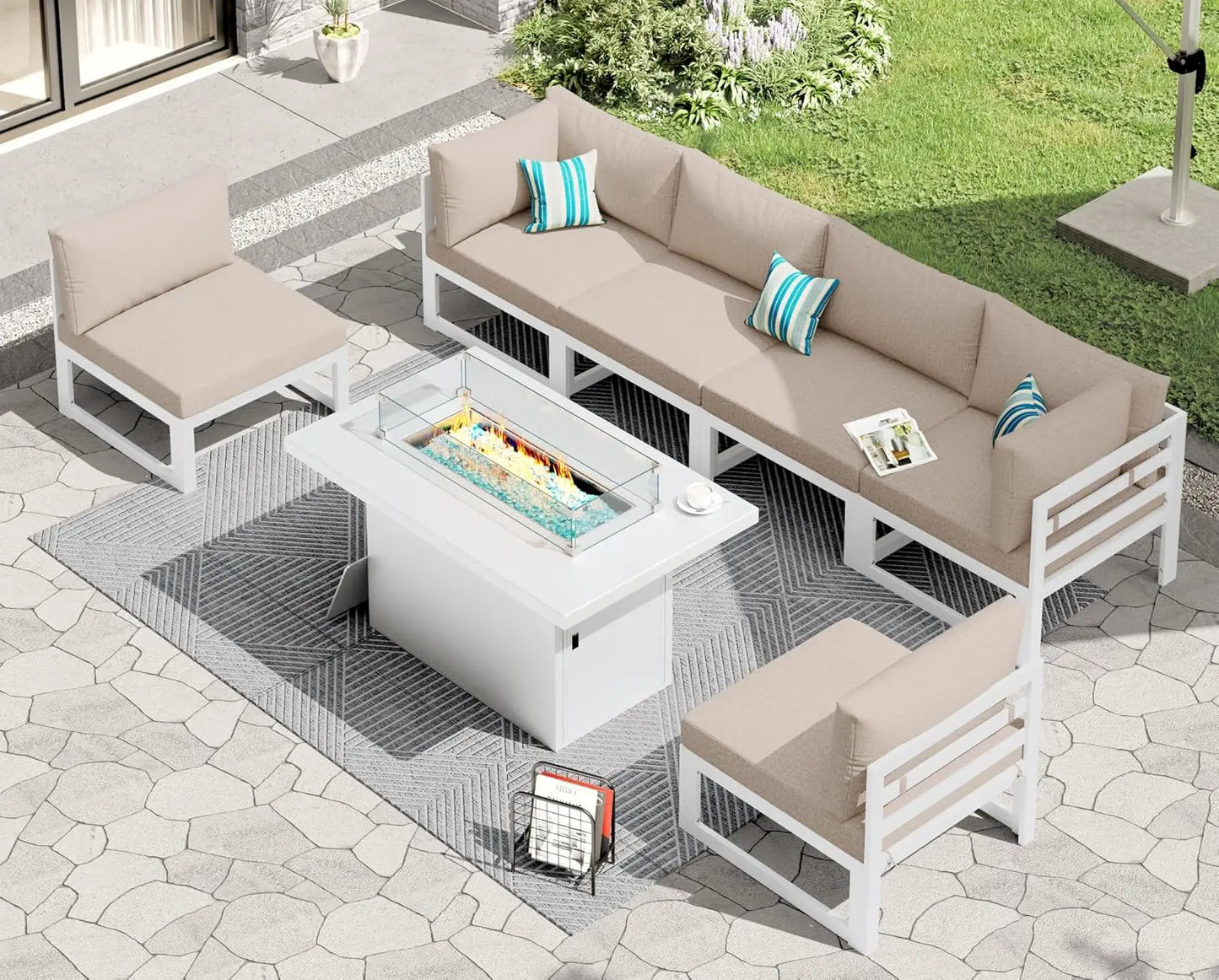 6 Person Large Modern Aluminum Outdoor Patio Furniture Set With Fireplace, 29" Wide Deep Seating, U Shaped Combo, Customized