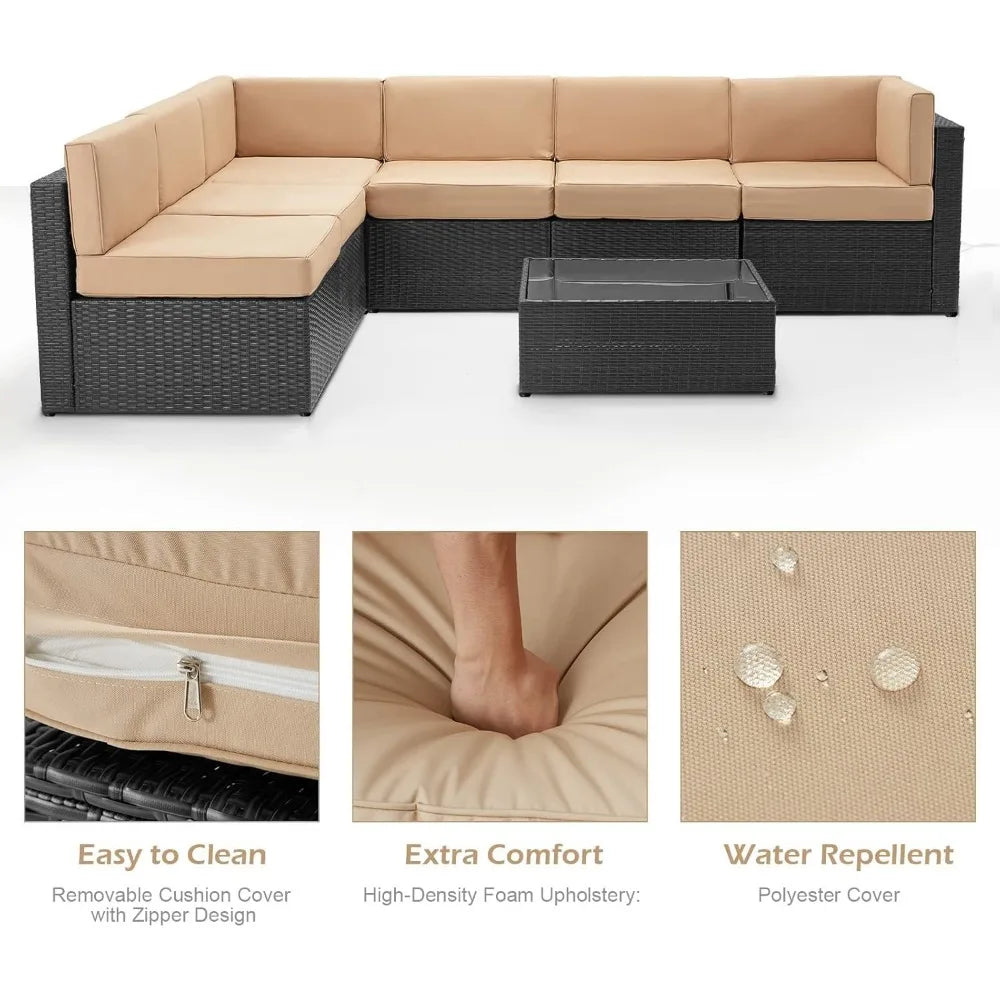 7 Piece Outdoor Patio Furniture Set, PE Rattan Outdoor Grey Wicker Furniture, Outdoor Sectional Furniture Chair Set with Cushion