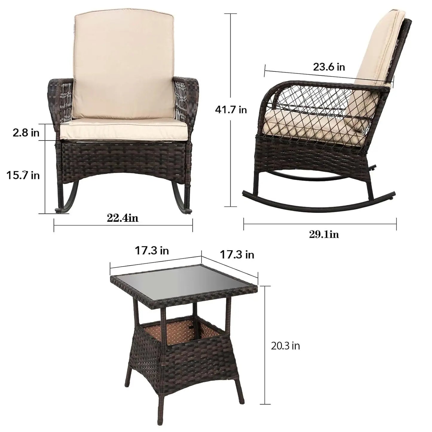 3 pcs Rocking Bistro Set Conversation Chairs PE Wicker Outdoor Rocking Chairs & Glass Table,for Porch Lawn Garden, Customized