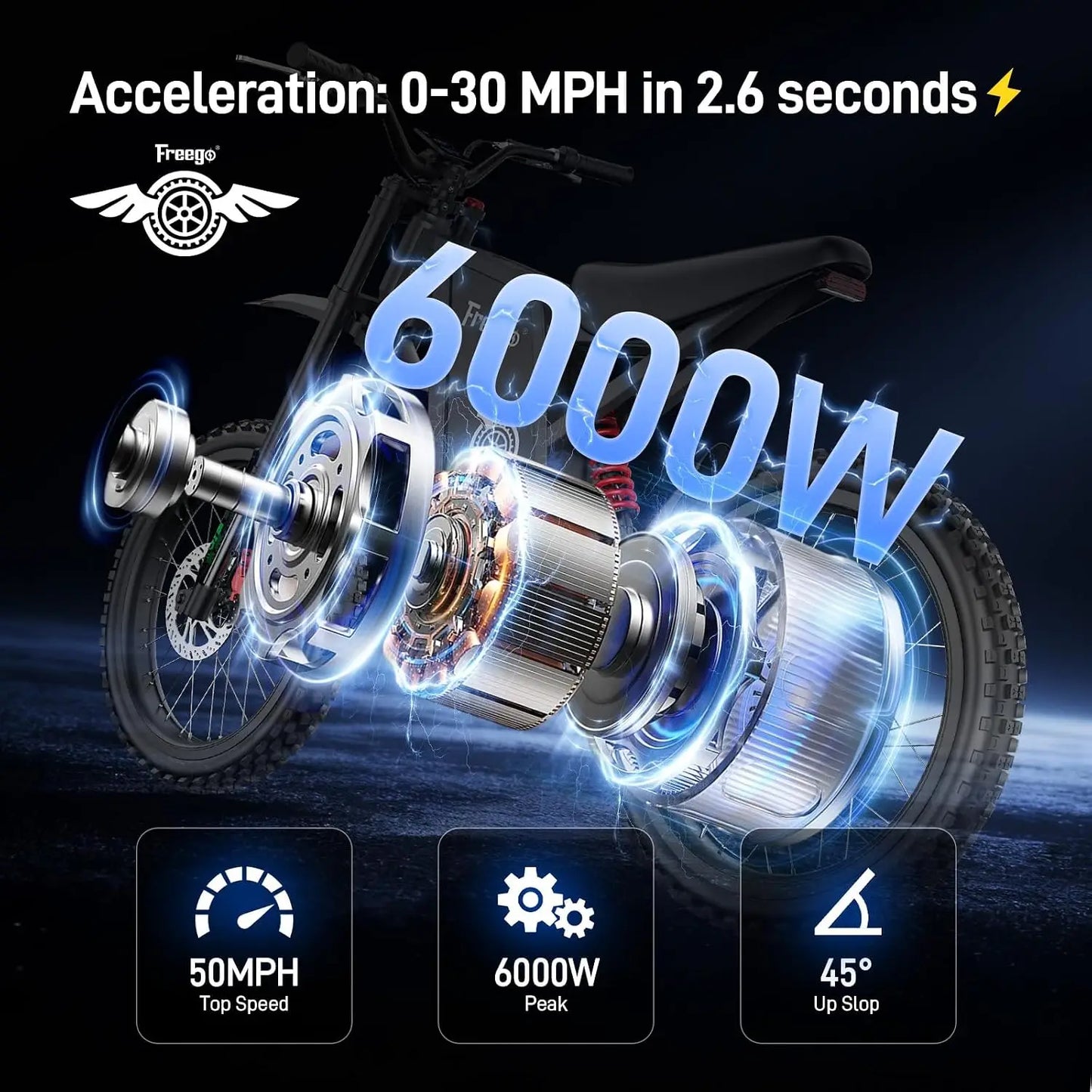 Freego X2 Pro Electric Dirt Bike 6000W Motor 60V/30Ah Battery Ebike 7 Speed Electric Motorcycle 50MPH Electric Bike UL Certified