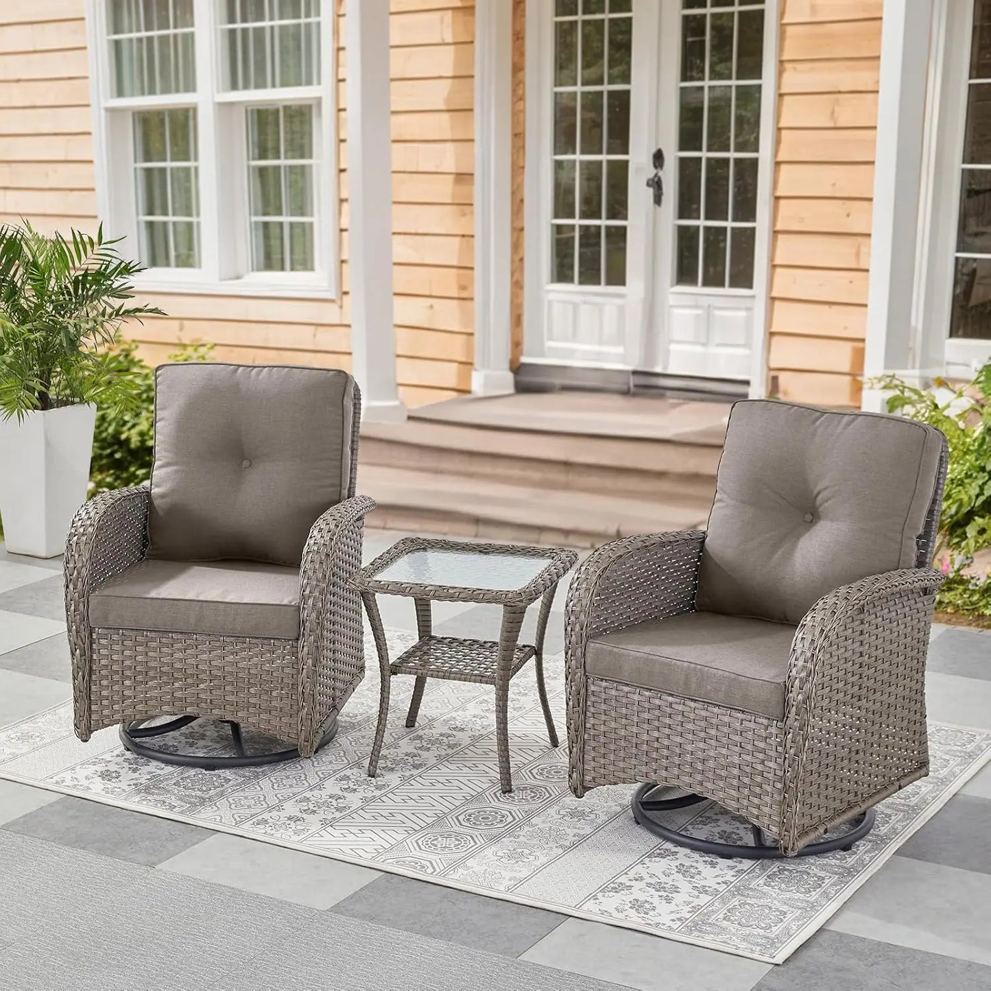3 Pieces Black Wicker Patio Furniture Outdoor Swivel Rocker Patio Glider Chairs Set of 2 with Side Table Beige, Customized