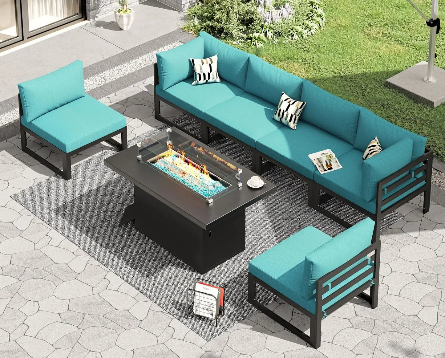 6 Person Large Modern Aluminum Outdoor Patio Furniture Set With Fireplace, 29" Wide Deep Seating, U Shaped Combo, Customized